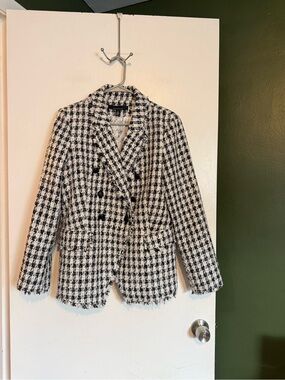 WHBM white black tan Tweed Houndstooth Buttoned Studio Blazer